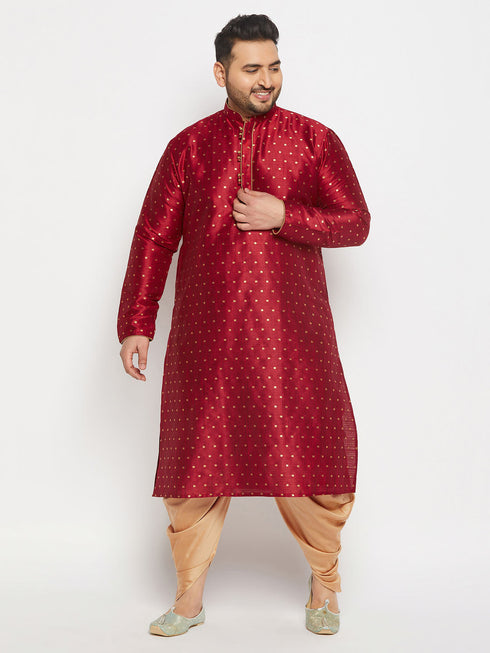 Vastramay Men's Plus Size Maroon Zari Weaved Kurta Dhoti Set
